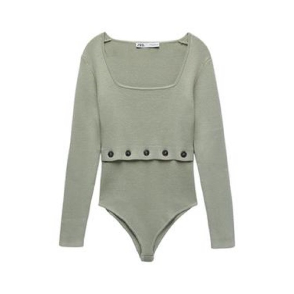 Zara Sage Green Long-Sleeve Bodysuit - Size Small